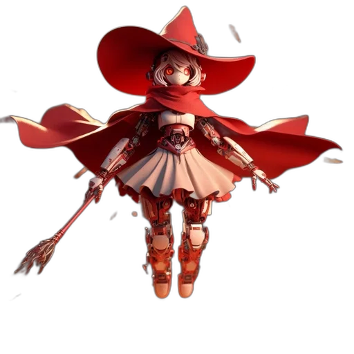 dress, staff, robot, hat, concept art, 3d render, pixel art, fantasy art transparent PNG cut-out