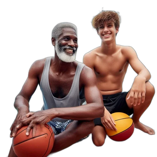 photorealistic, two, men, sit, poolside, one, older, gray transparent PNG cut-out