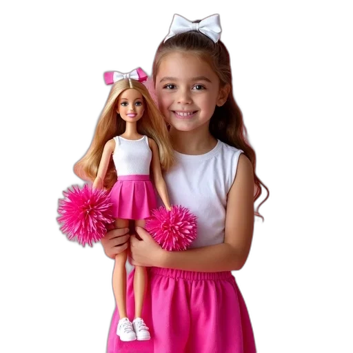 3d render, photorealistic, young, girl, holding, pink, barbie, doll transparent PNG cut-out