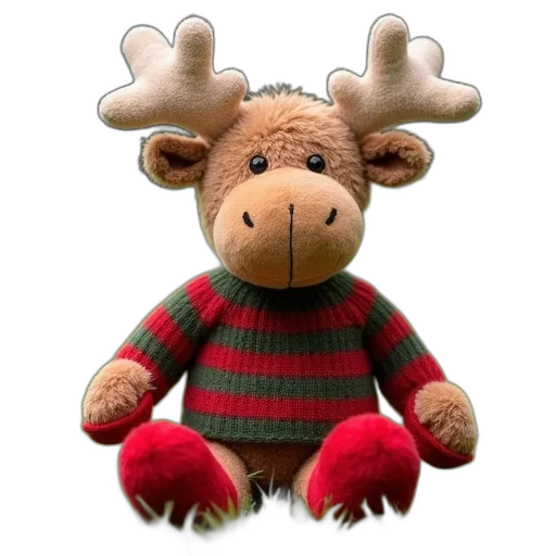 animal, plush, toy, moose, red, green, striped, sweater transparent PNG cut-out