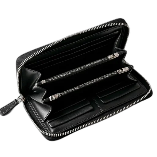 food, black, leather, wallet, silver, zipper, open, displaying transparent PNG cut-out