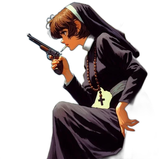 weapon, comic book art, concept art, unconventional, nun, smokes, holds, pistol transparent PNG cut-out