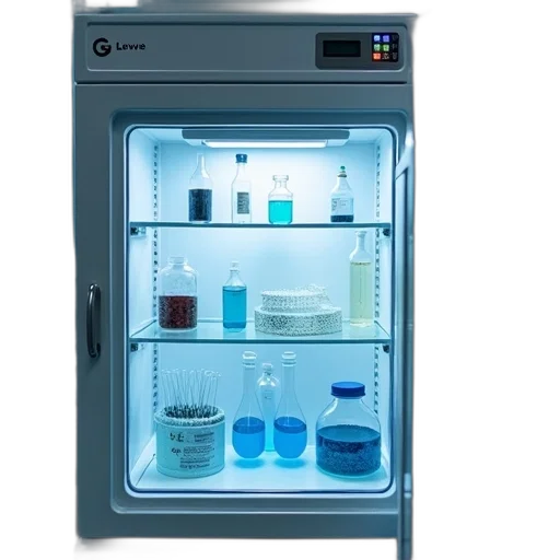 blue, laboratory, refrigerator, glass, door, displaying, various, scientific transparent PNG cut-out