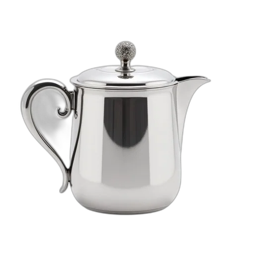 3d render, photorealistic, shiny, silver, pot, curved, handle, lid transparent PNG cut-out
