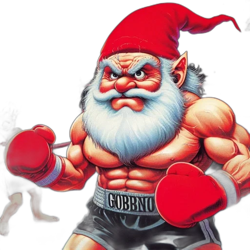muscular, gnome-like, figure, wears, red, cap, boxing, gear transparent PNG cut-out