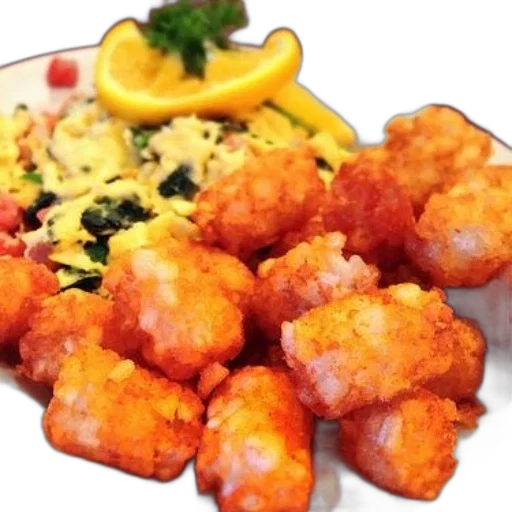 food, photorealistic, plate, crispy, tater, tots, accompanied, scrambled transparent PNG cut-out