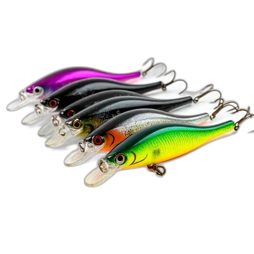 set, six, colorful, lures, displayed, against, white, background transparent PNG cut-out