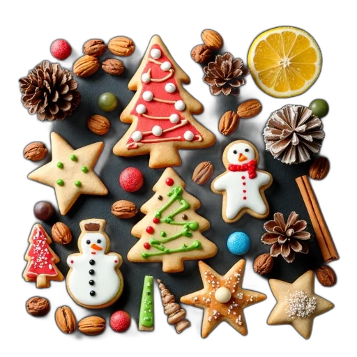 food, variety, christmas-themed, cookies, candies, arranged, dark, surface transparent PNG cut-out