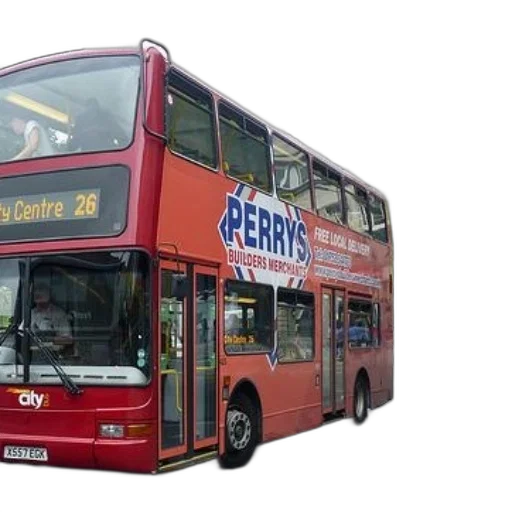 photorealistic, 3d render, city street, red, double-decker, bus, advertisement, perry transparent PNG cut-out