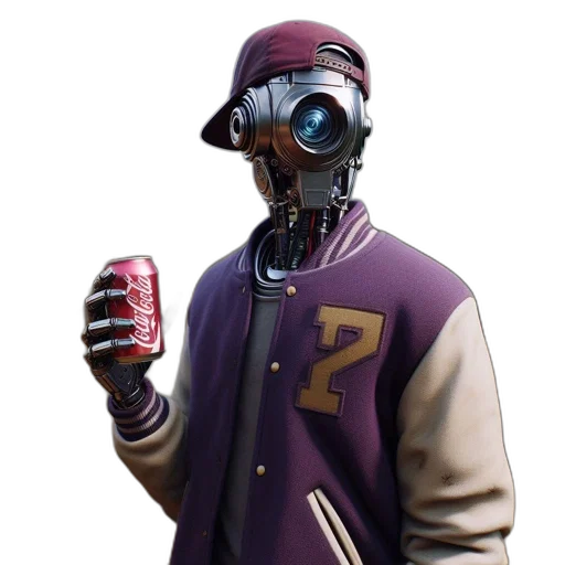 jacket, robot, mask, weapon, concept art, cyberpunk, 3d render, pixel art transparent PNG cut-out