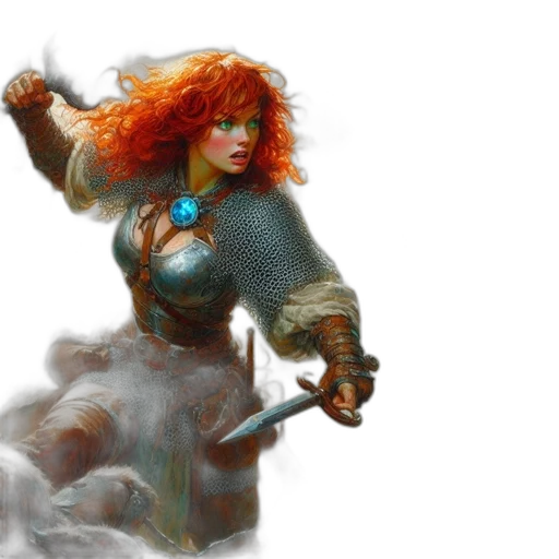 sword, fantasy art, concept art, comic book art, 3d render, medieval, setting, red-haired transparent PNG cut-out