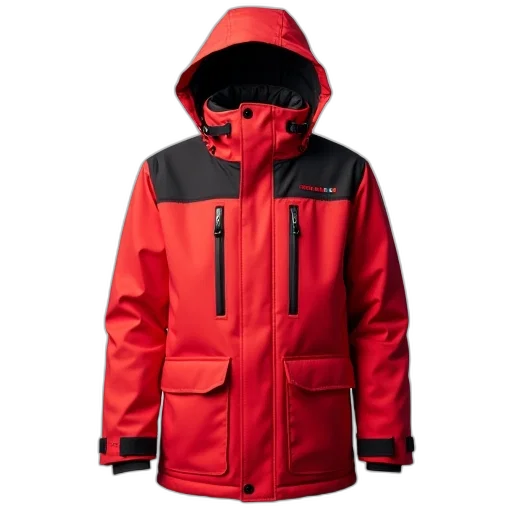 jacket, red, winter, black, stripes, hood, displayed, against transparent PNG cut-out