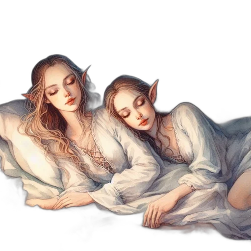 fantasy art, watercolor, concept art, photorealistic, two, elven-lookalike, females, white transparent PNG cut-out