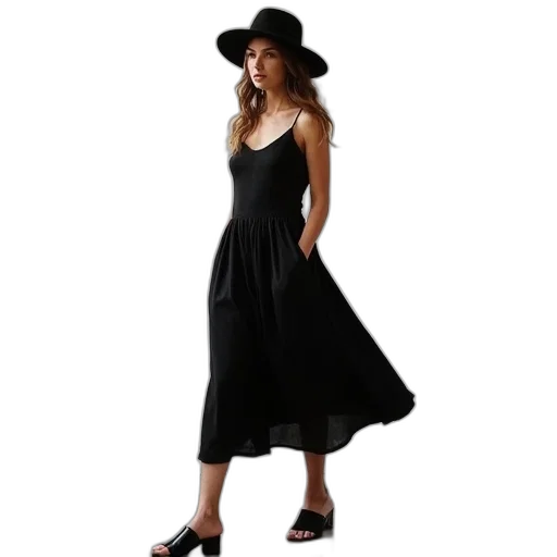 dress, hat, dark, monochrome, perfect, black, midi, slip transparent PNG cut-out