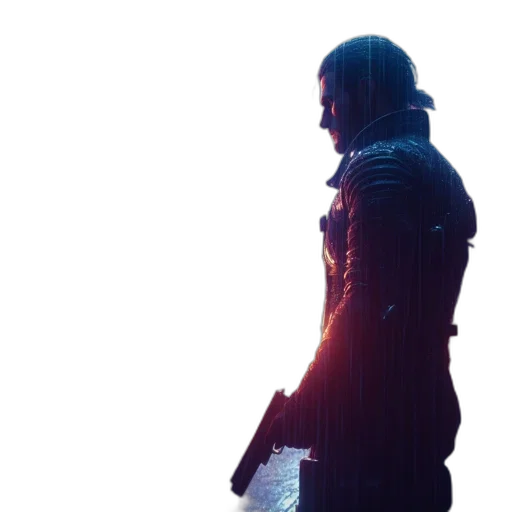 jacket, weapon, sword, robot, concept art, cyberpunk, 3d render, pixel art transparent PNG cut-out