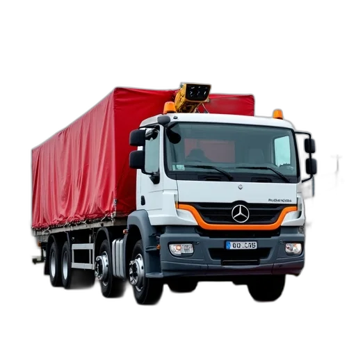 photorealistic, white, truck, crane, back, carrying, red, tarp-covered transparent PNG cut-out