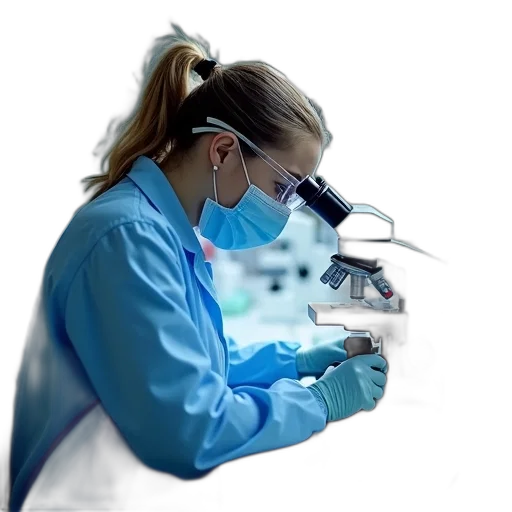 person, lab, coat, protective, gear, looking, through, microscope transparent PNG cut-out