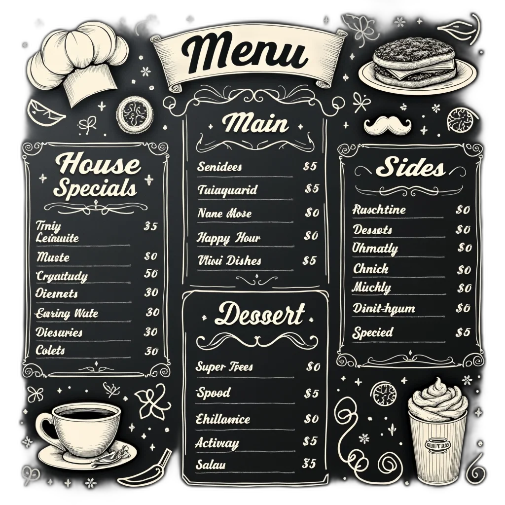 food, staff, 3d render, concept art, monochrome, chalkboard, menu, various transparent PNG cut-out