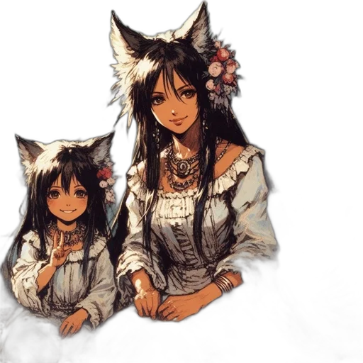 fantasy art, concept art, anime, pixel art, monochrome, two, ethereal, fox-like transparent PNG cut-out