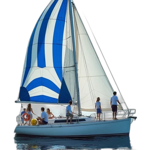 photorealistic, 3d render, blue, group, people, sailboat, white, striped transparent PNG cut-out