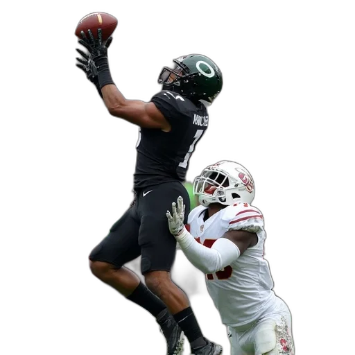 football, player, black, uniform, leaping, air, catch, wearing transparent PNG cut-out
