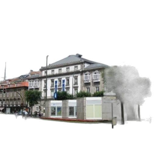 building, photorealistic, 3d render, concept art, fog, city street, street, scene transparent PNG cut-out