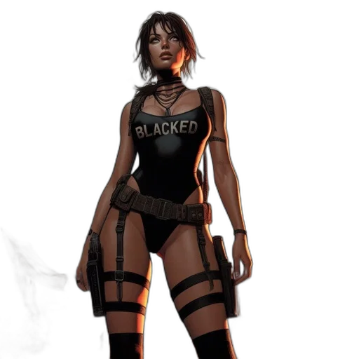 cyberpunk, concept art, 3d render, pixel art, woman, dressed, all-black, gear transparent PNG cut-out