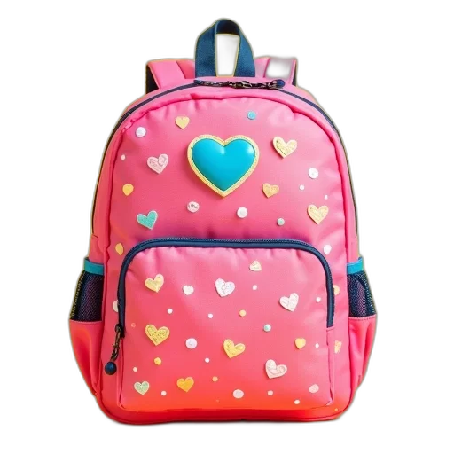 pink, yellow, backpack, heart-shaped, design, front, pattern, hearts transparent PNG cut-out