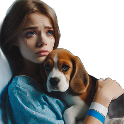 photorealistic, oil painting, concept art, young, woman, her, tearful, beagle transparent PNG cut-out