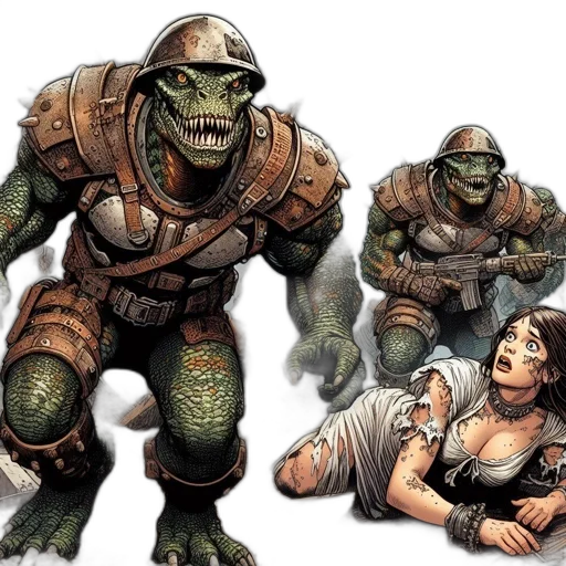 concept art, comic book art, fantasy art, armored, reptilian, creature, city, ruins transparent PNG cut-out
