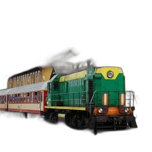 3d render, photorealistic, concept art, oil painting, green, yellow, train, red transparent PNG cut-out