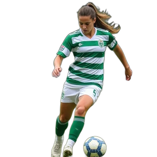 female, soccer, player, green, white, uniform, motion, kicking transparent PNG cut-out