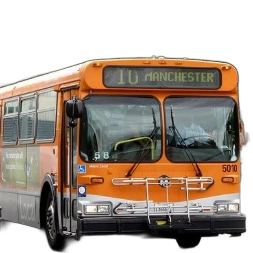 photorealistic, 3d render, concept art, orange, bus, destination, manchester, front transparent PNG cut-out