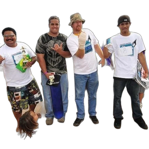 staff, group, men, stand, together, holding, trophies, skateboards transparent PNG cut-out