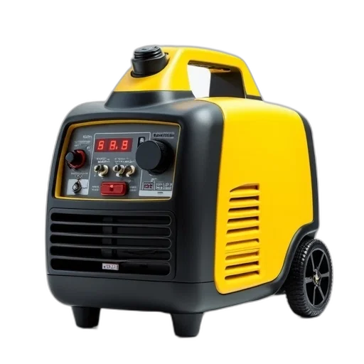 robot, yellow, black, portable, generator, control, panel, wheel transparent PNG cut-out