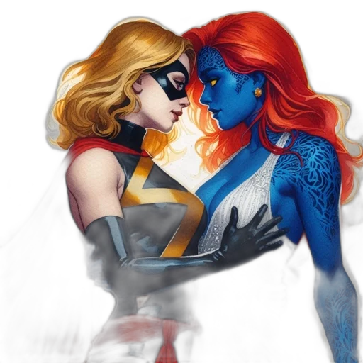 comic book art, concept art, fantasy art, watercolor, blue, two, female, superheroes transparent PNG cut-out