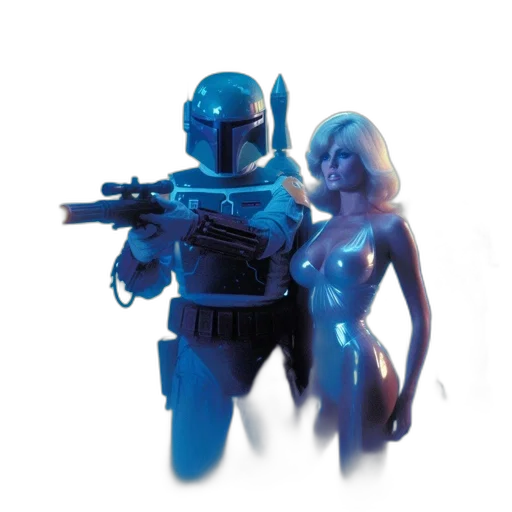 robot, weapon, concept art, comic book art, cyberpunk, 3d render, outer space, blue transparent PNG cut-out