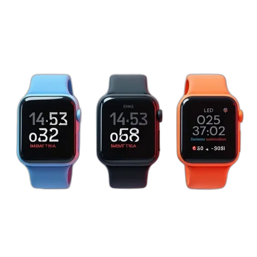 three, smartwatches, different, colored, straps, displayed, against, light transparent PNG cut-out