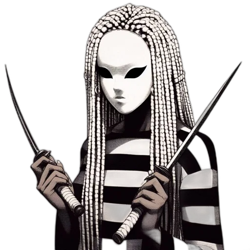 staff, weapon, mask, hair, fantasy art, concept art, comic book art, pixel art transparent PNG cut-out