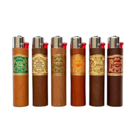 staff, bottle, set, six, wooden, cigar-shaped, lighters, gold transparent PNG cut-out