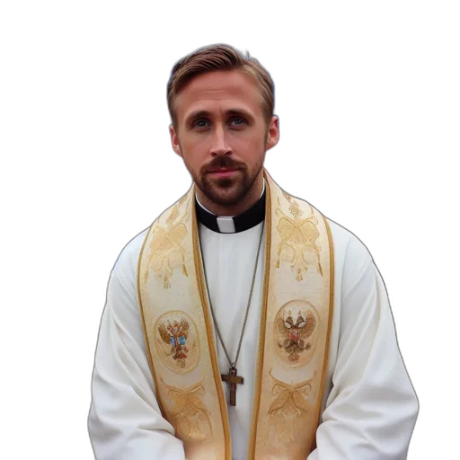 staff, jacket, clergyman, white, robe, gold-embroidered, stole, holds transparent PNG cut-out