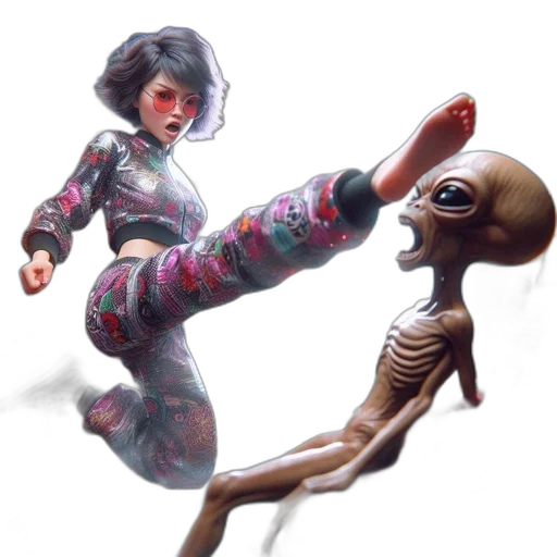 creature, robot, concept art, 3d render, comic book art, outer space, purple-haired, woman transparent PNG cut-out