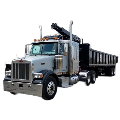photorealistic, large, semi-truck, parked, gravel, lot, crane, attached transparent PNG cut-out