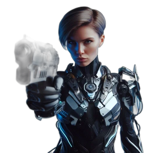 robot, weapon, face, jacket, concept art, cyberpunk, fantasy art, comic book art transparent PNG cut-out