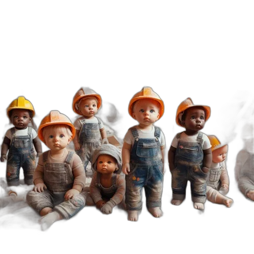 3d render, concept art, earth tones, babies, construction, outfits, explore, dusty transparent PNG cut-out