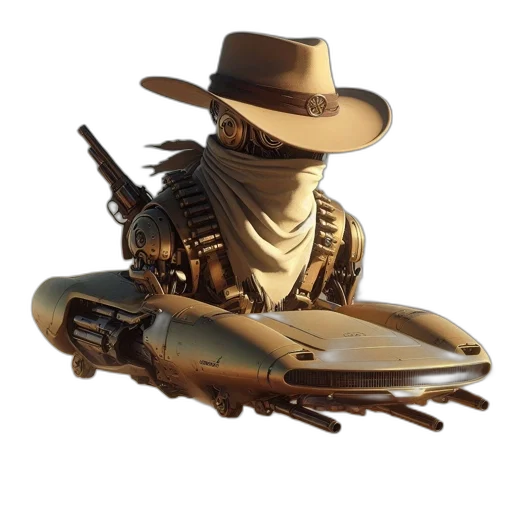 weapon, hat, robot, sword, concept art, 3d render, fantasy art, photorealistic transparent PNG cut-out