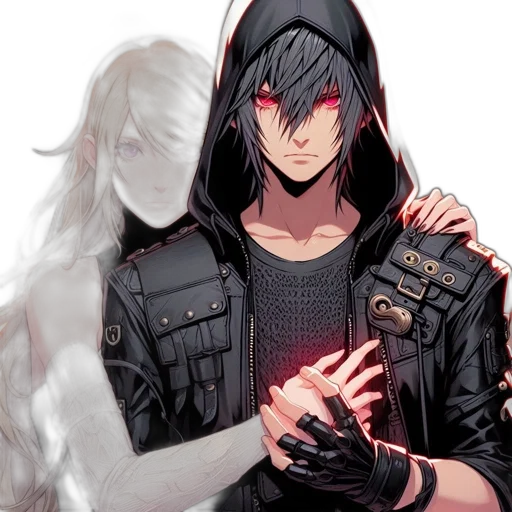jacket, mask, weapon, concept art, pixel art, cyberpunk, comic book art, fire transparent PNG cut-out