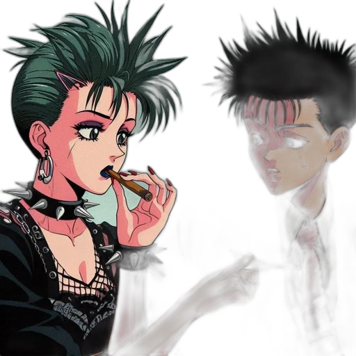 concept art, anime, cyberpunk, vaporwave, green, dark, two, animated transparent PNG cut-out