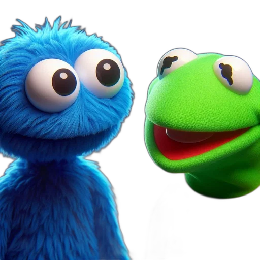 3d render, two, iconic, puppet, characters, cookie, monster, blue transparent PNG cut-out