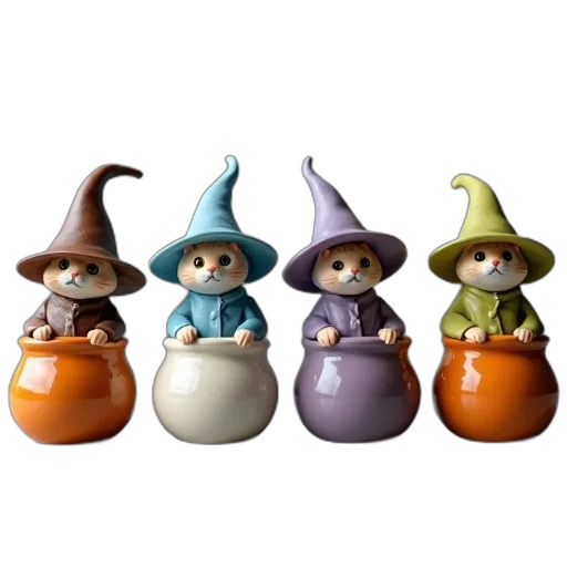 3d render, fantasy art, concept art, photorealistic, collection, four, ceramic, figurines transparent PNG cut-out